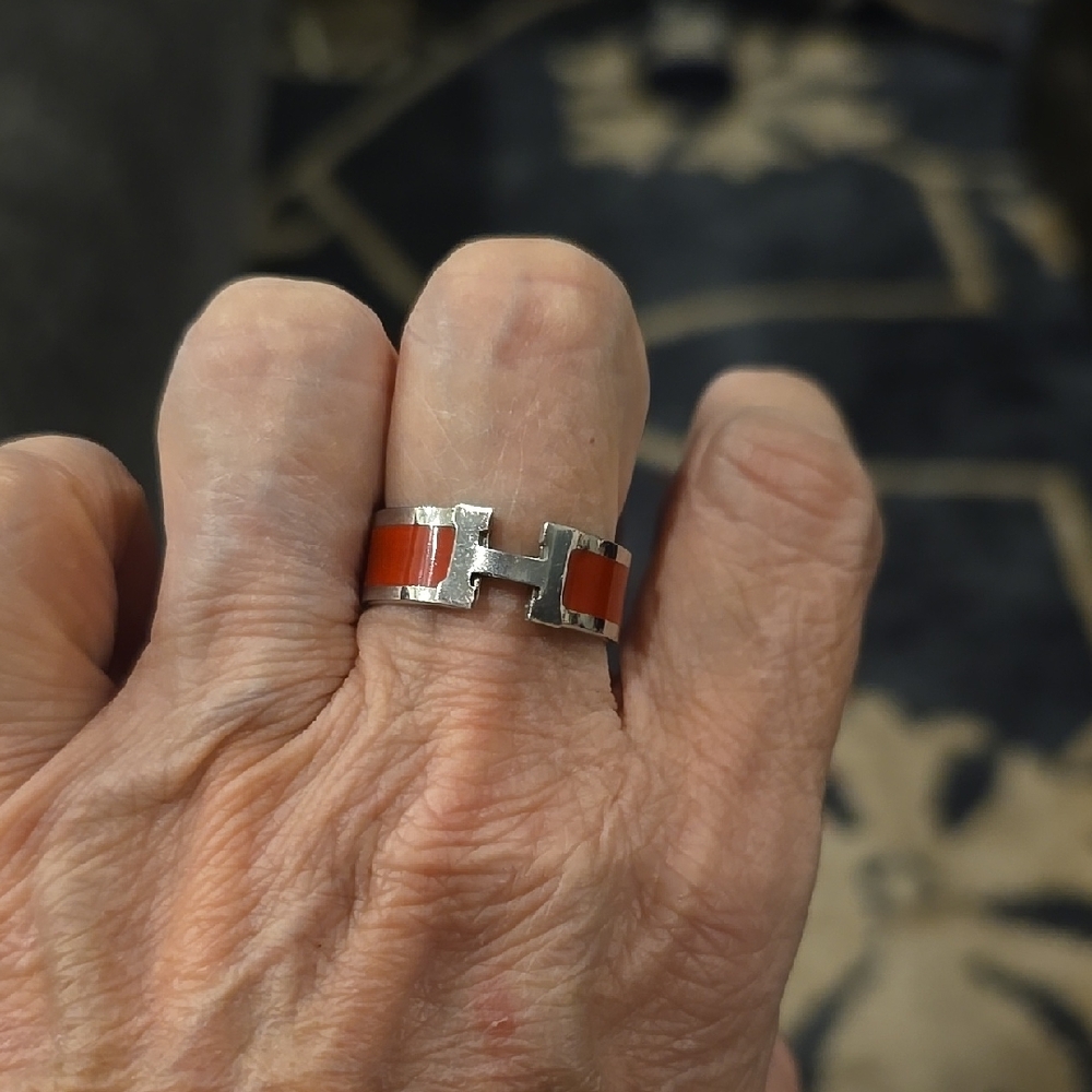 Silver-Tone H Link Ring with Red Inlay